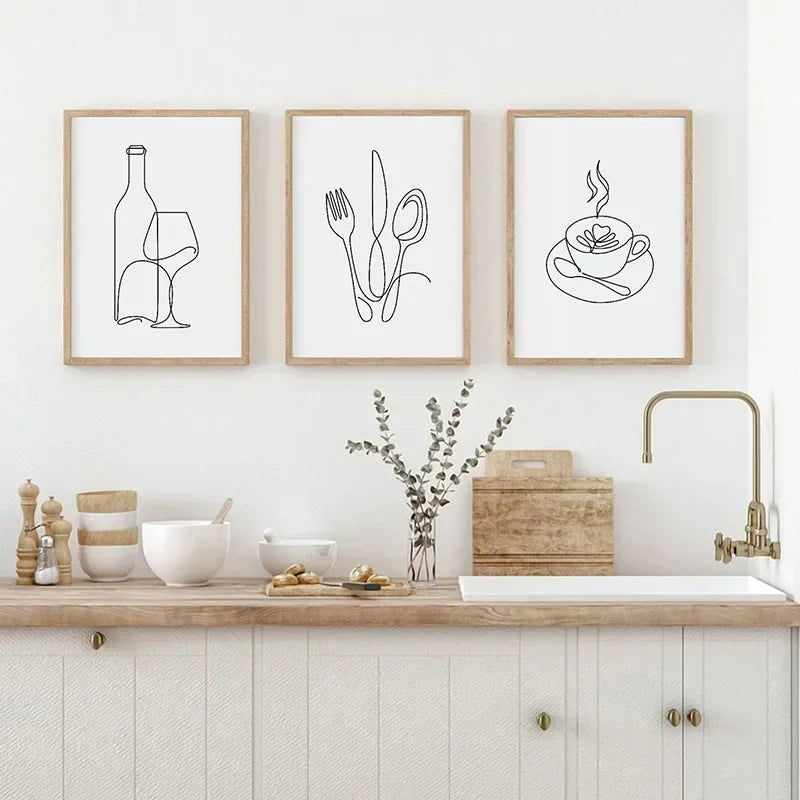 Simple Kitchen Line Art Wall Art Fine Art Canvas Prints Minimalist Pictures For Dining Room Café Coffee Ship Diner Art Decor