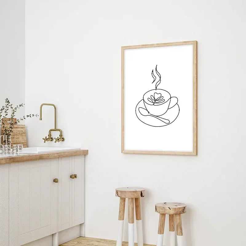 Simple Kitchen Line Art Wall Art Fine Art Canvas Prints Minimalist Pictures For Dining Room Café Coffee Ship Diner Art Decor
