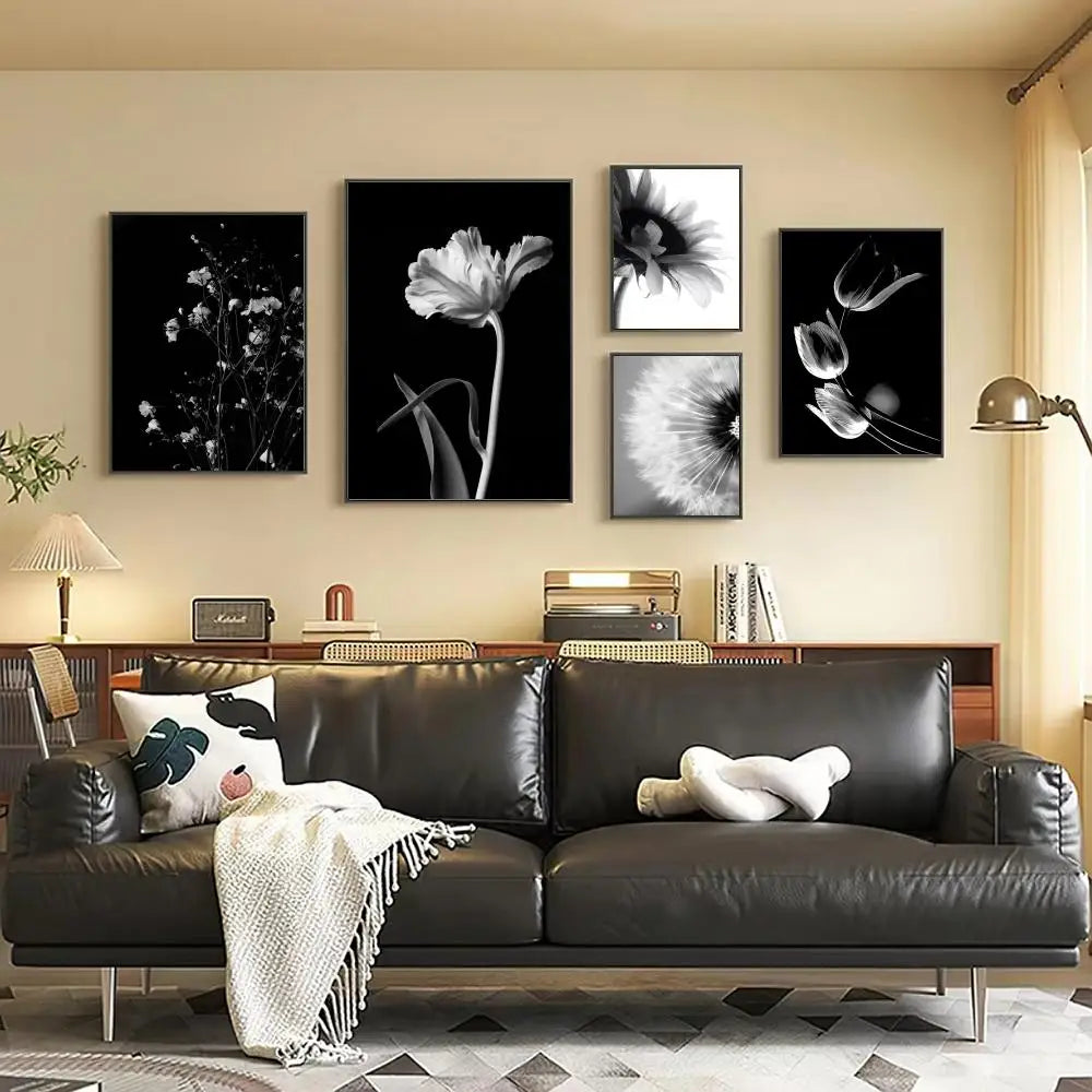 Simple Lifestyle Floral Wall Art Black White Fine Art Canvas Prints Posters Minimalist Pictures For Modern Living Room Decor
