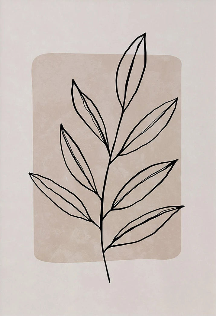 Black line drawing of a leaf on a beige background