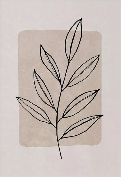 Black line drawing of a leaf on a beige background