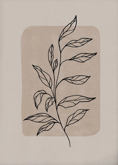 Line drawing of a leafy branch on a beige background