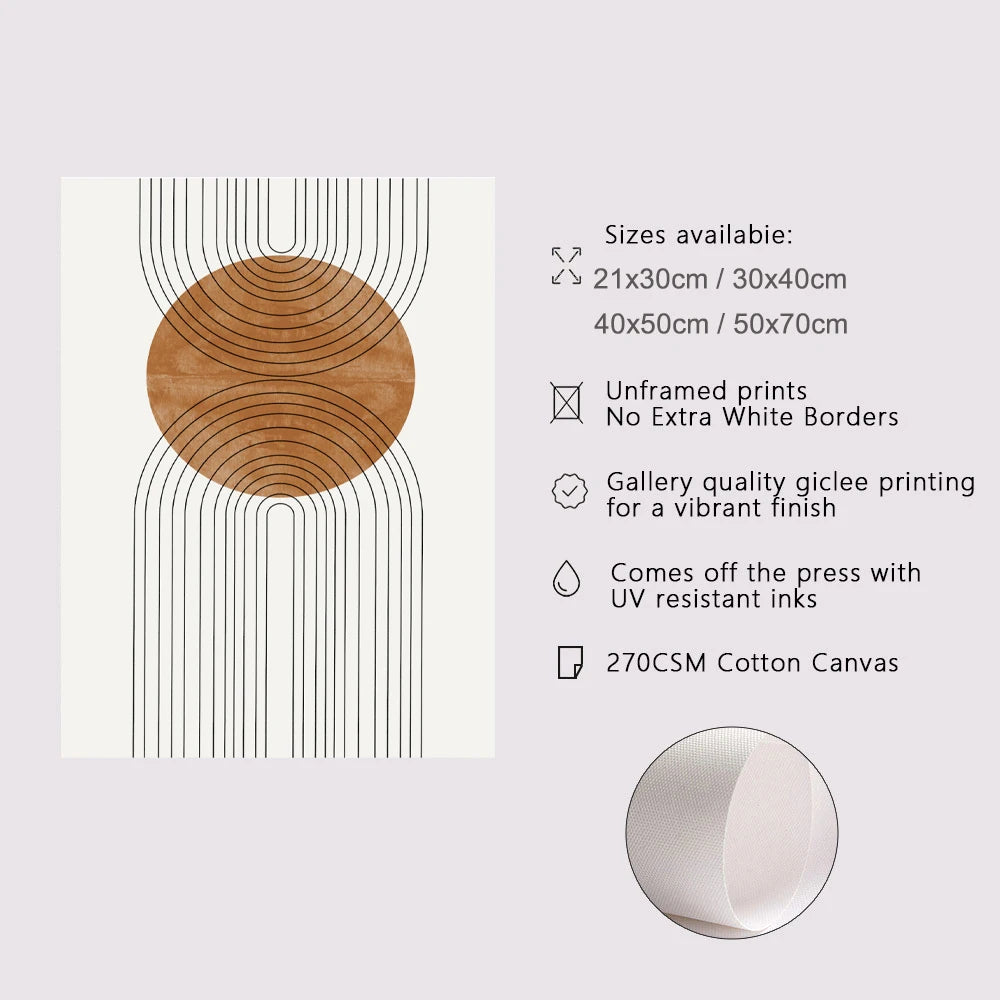 Unframed abstract art print with brown circle and white lines on a light gray background, featuring text about print sizes and qualities.