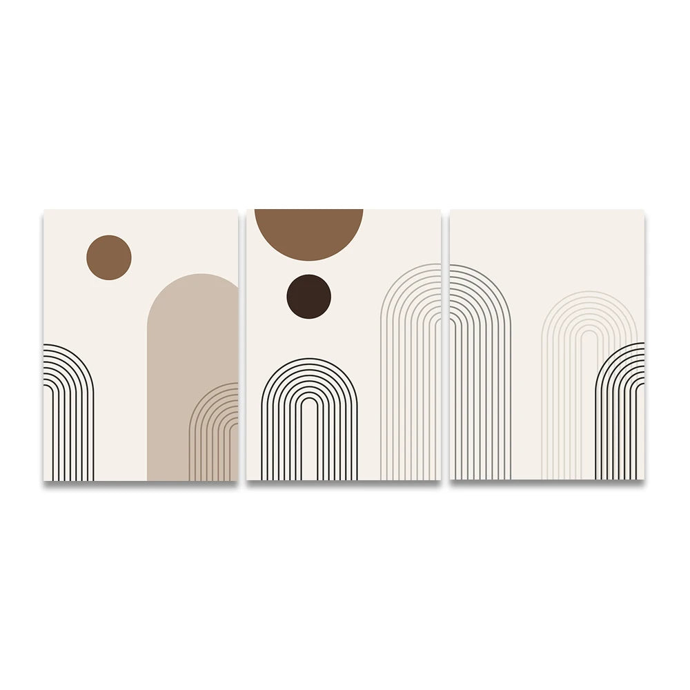 Set of three abstract art prints with geometric shapes on a white background