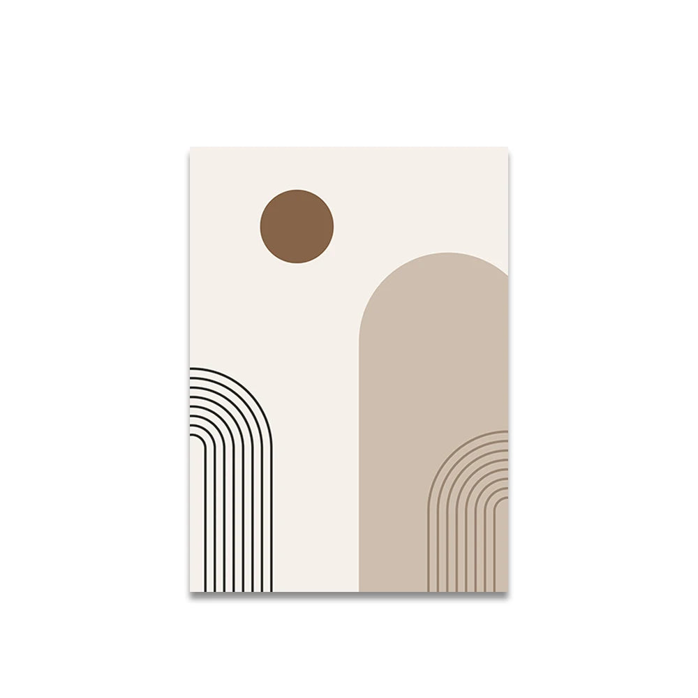 Geometric design with a brown circle, beige arch, and black curved lines on a white background