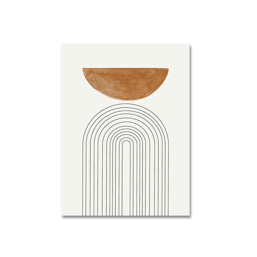 Decorative wall art with a brown arch and black lines on a white background