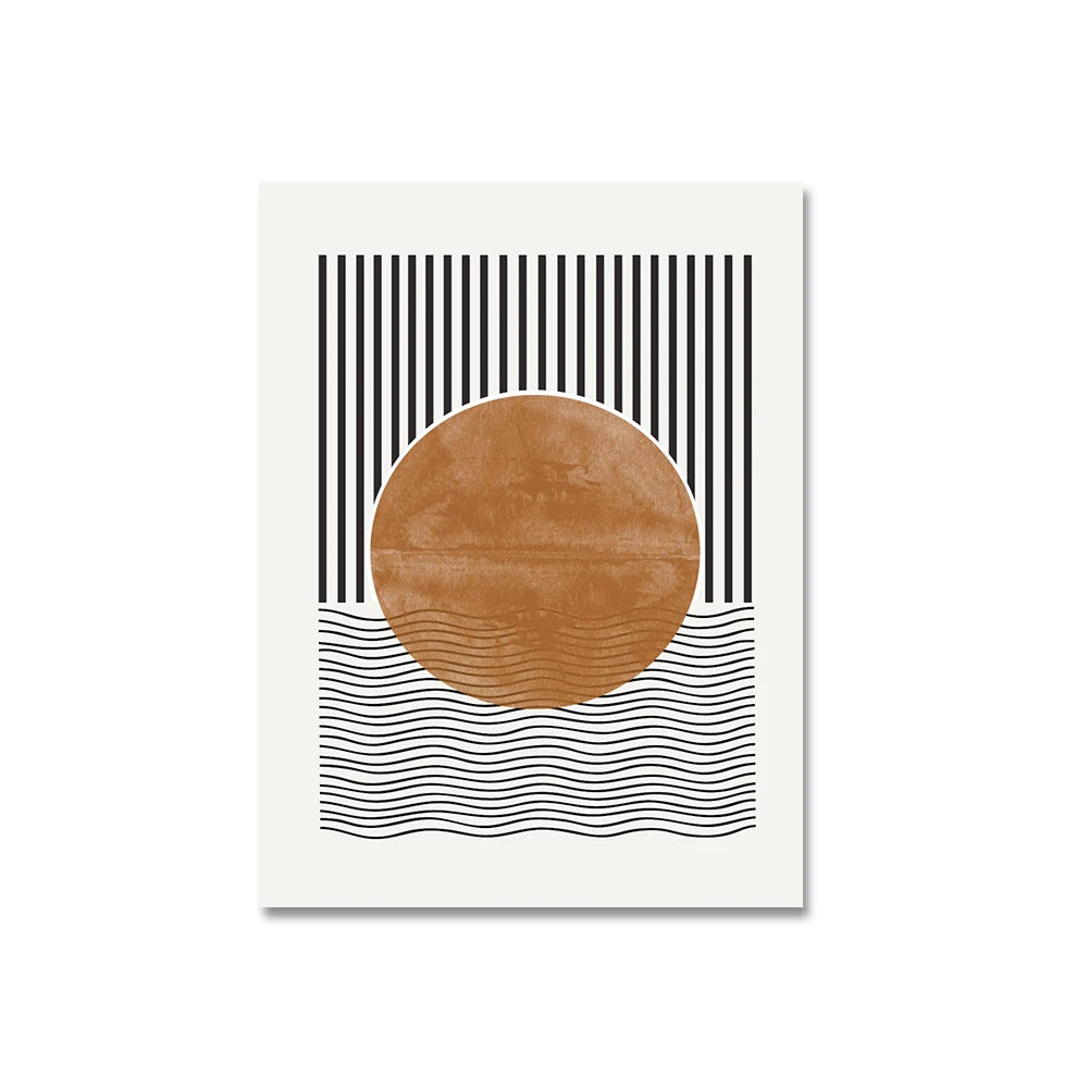 Abstract art print with a brown circle and black and white geometric patterns on a white background