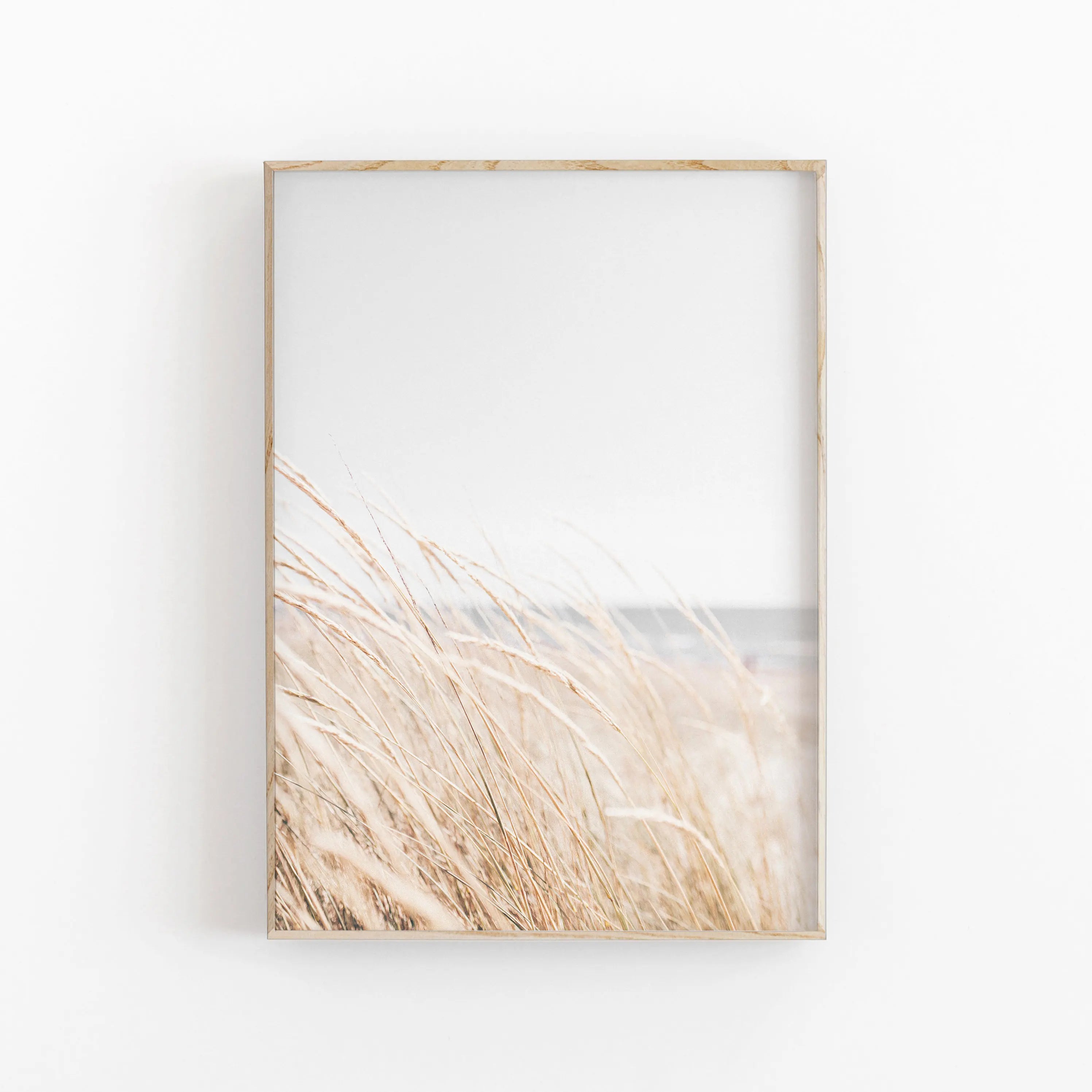 Framed artwork of beige grasses against a white background