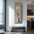 Modern interior with a large vertical artwork of a flower in a vase on a wall.