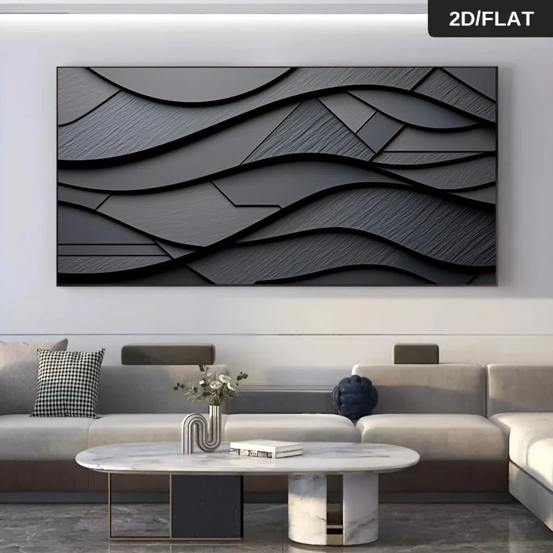 Slate Black Geometric Wave Abstract Canvas Print – Luxury Dark Minimalist Wall Art for Contemporary Living Room Modern Office Décor