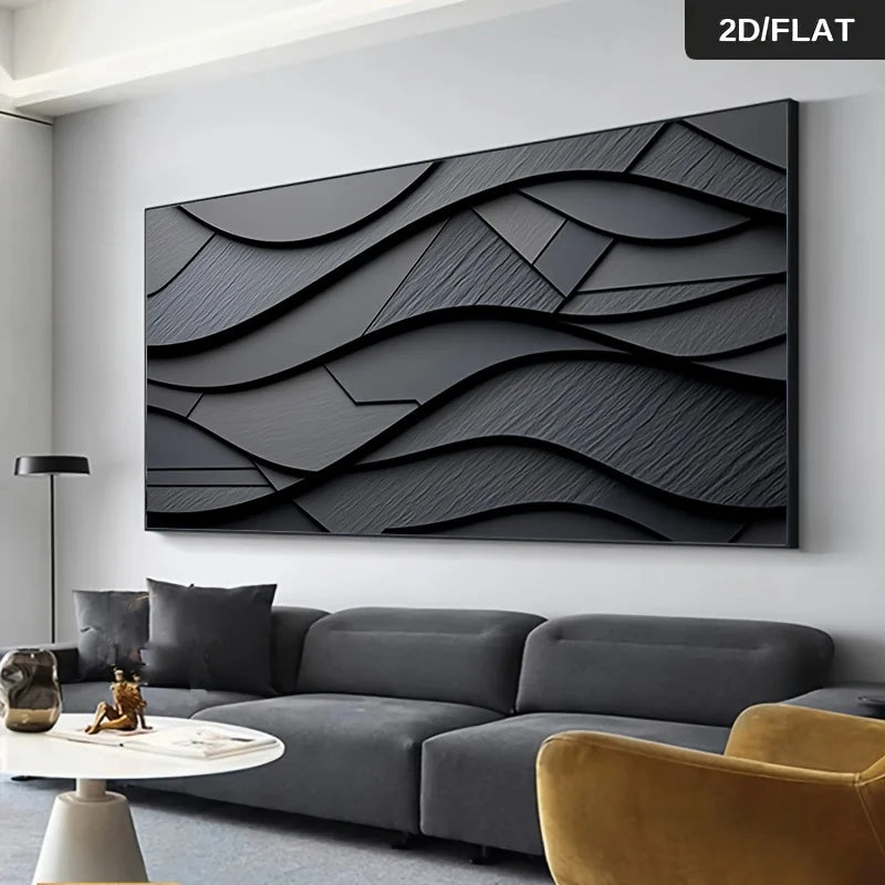 Slate Black Geometric Wave Abstract Canvas Print – Luxury Dark Minimalist Wall Art for Contemporary Living Room Modern Office Décor