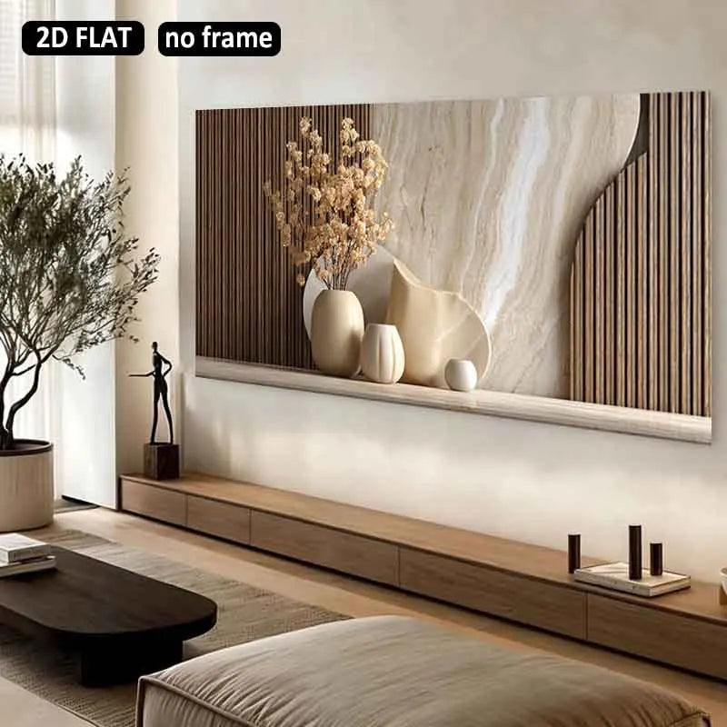 Modern living room with a large wall-mounted abstract art piece.