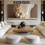 Modern living room with a large wall art piece, white sofa, wooden coffee table, and decorative items.