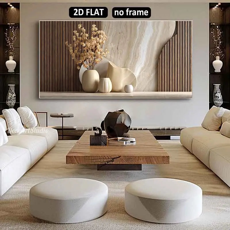 Modern living room with a large wall art piece, white sofa, wooden coffee table, and decorative items.