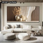 Modern living room with a large abstract painting above a white sofa.