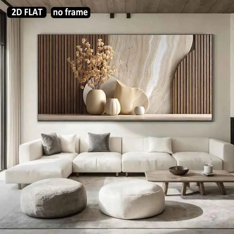 Modern living room with a large abstract painting above a white sofa.