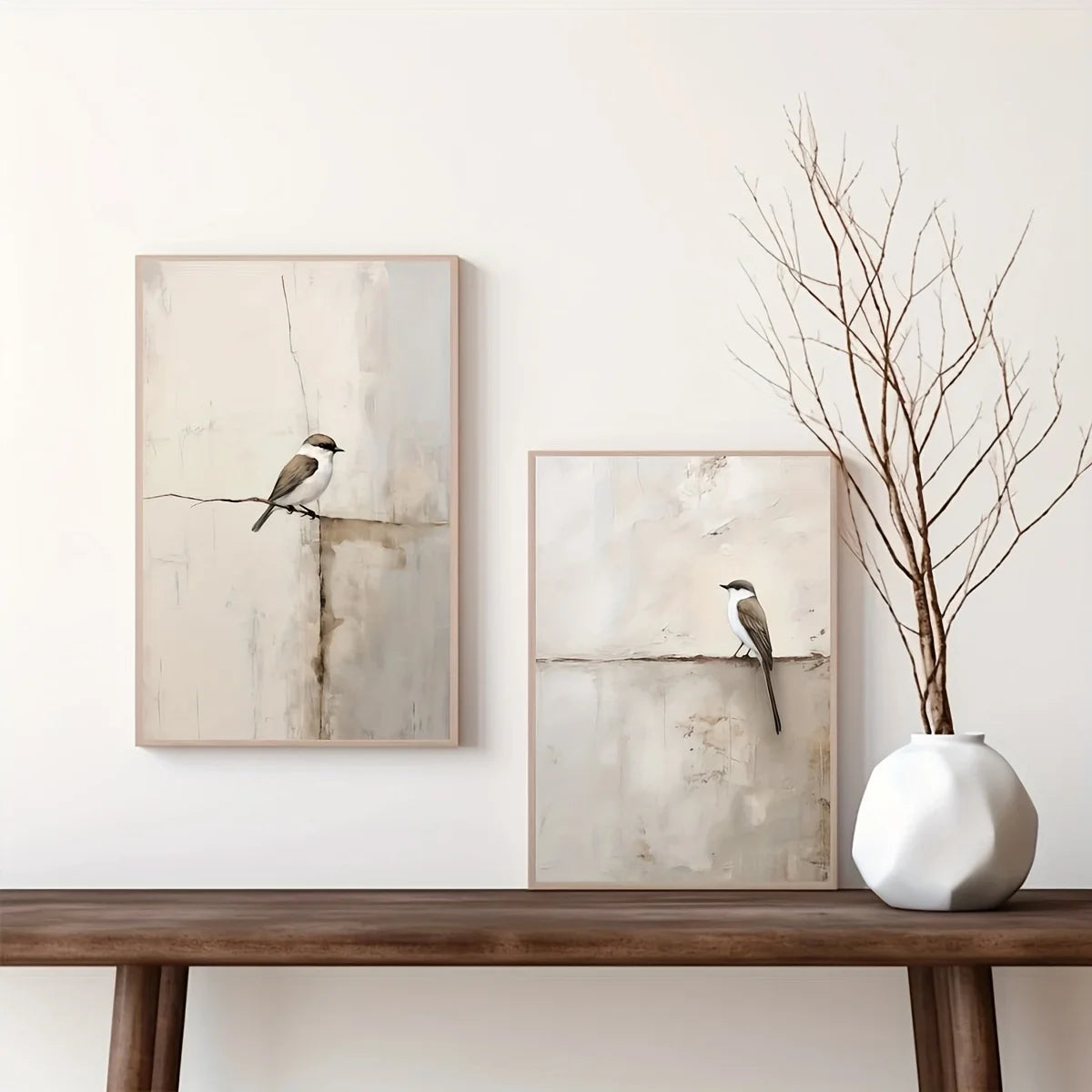 Soft Neutral Toned Song Bird Canvas Print Set – Modern Minimalist Wall Art for Stylish Bedroom, Living Rooms & Scandinavian Home Interiors