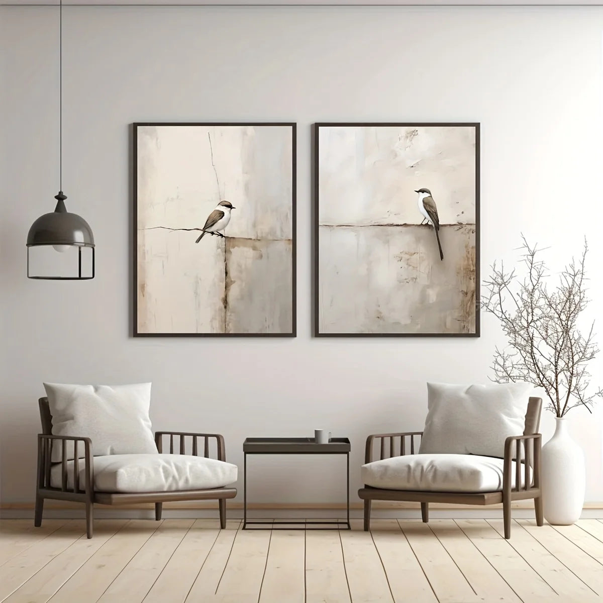 Soft Neutral Toned Song Bird Canvas Print Set – Modern Minimalist Wall Art for Stylish Bedroom, Living Rooms & Scandinavian Home Interiors