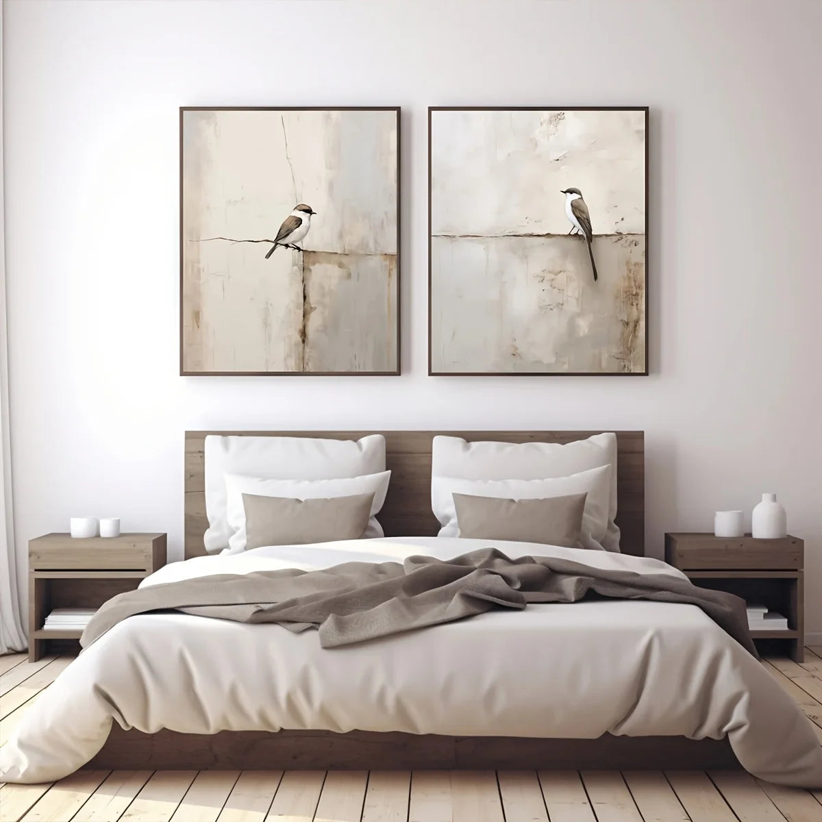 Soft Neutral Toned Song Bird Canvas Print Set – Modern Minimalist Wall Art for Stylish Bedroom, Living Rooms & Scandinavian Home Interiors