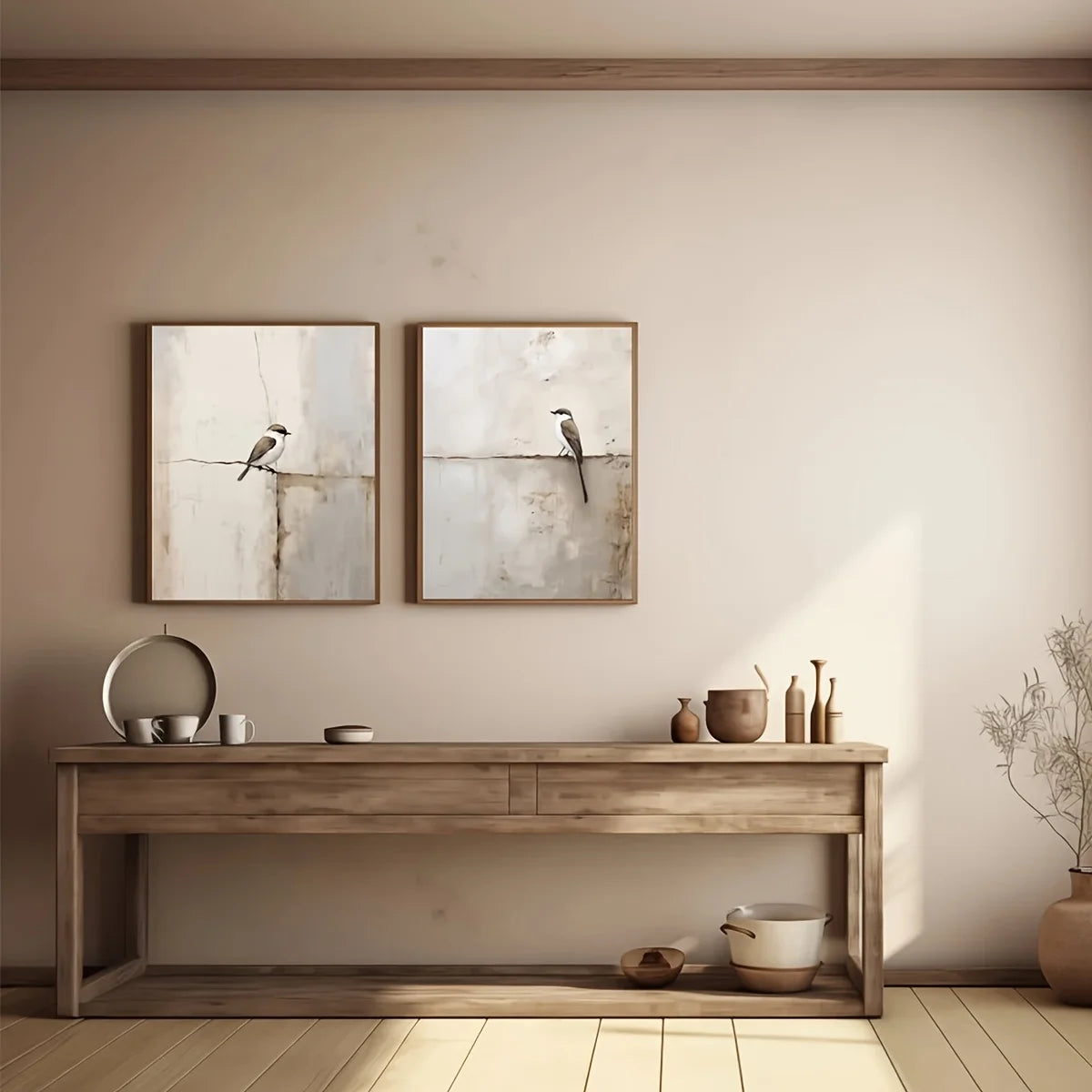 Soft Neutral Toned Song Bird Canvas Print Set – Modern Minimalist Wall Art for Stylish Bedroom, Living Rooms & Scandinavian Home Interiors