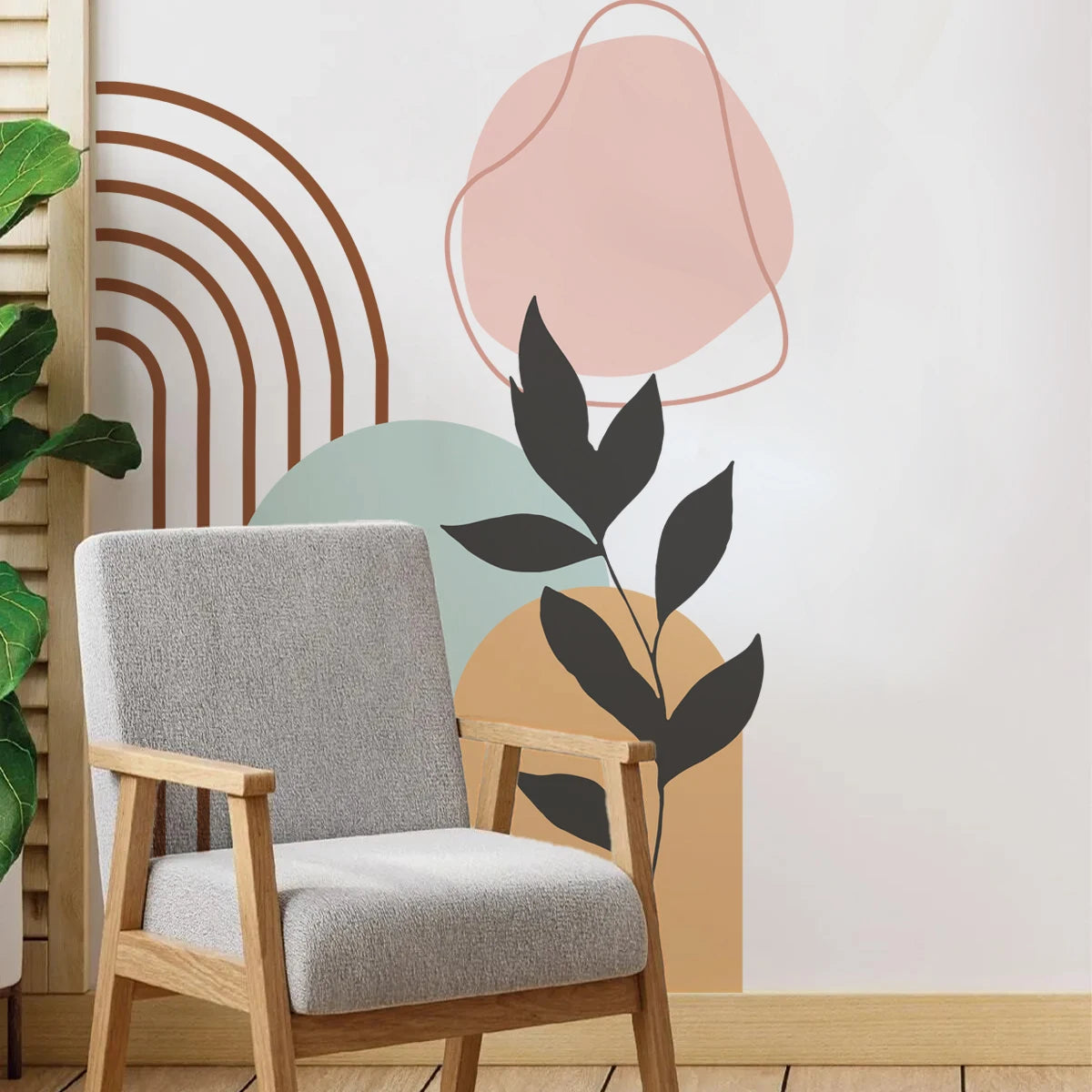 Soft Pastel Abstract Botanical Rainbow Arch Mural – Peel & Stick Vinyl Wall Decal Mural for Bedroom, Living Room, Creative DIY Home Decor