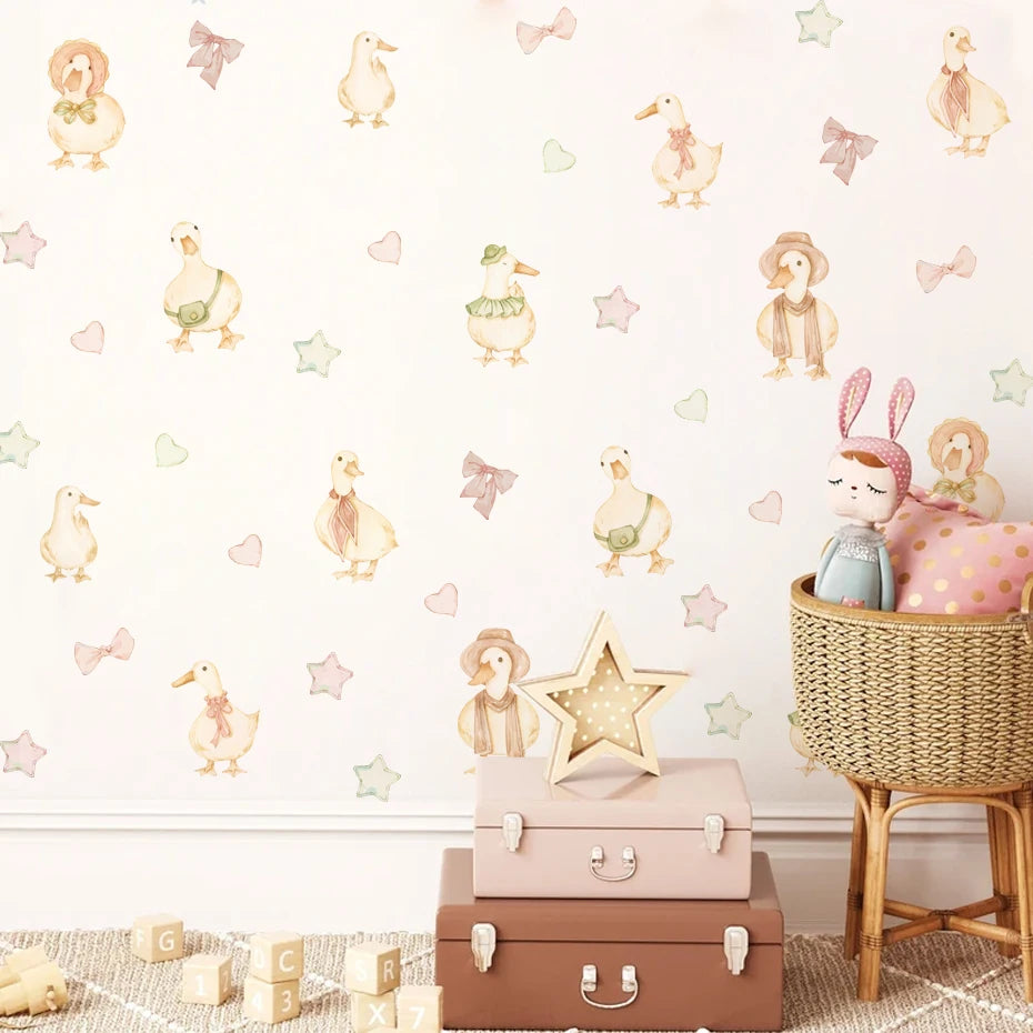 Children's room with wallpaper featuring ducks and rabbits, storage boxes, and a basket with toys.