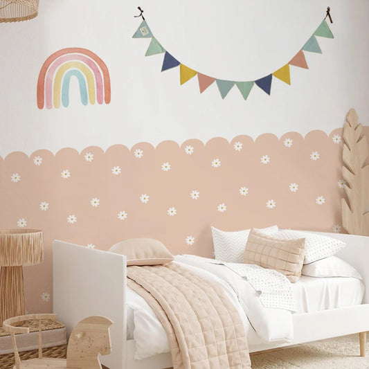 Soft Pastel Daisy Bloom Scalloped Wall Mural Wallpaper – Peel & Stick Floral Wall Decals for Nursery, Kids Room, or Girls Bedroom, Creative DIY Home Decor