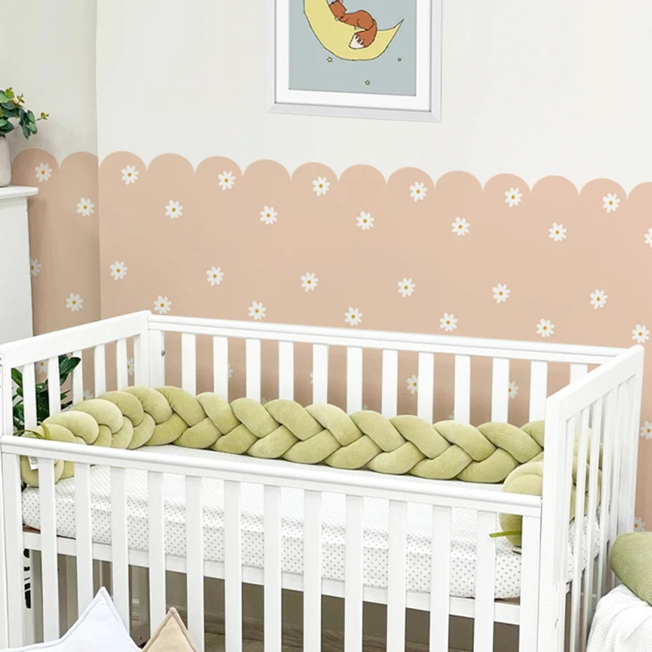 Soft Pastel Daisy Bloom Scalloped Wall Mural Wallpaper – Peel & Stick Floral Wall Decals for Nursery, Kids Room, or Girls Bedroom, Creative DIY Home Decor