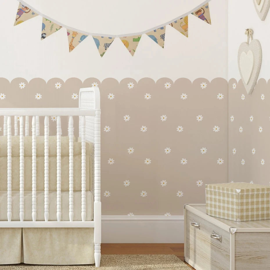 Soft Pastel Daisy Bloom Scalloped Wall Mural Wallpaper – Peel & Stick Floral Wall Decals for Nursery, Kids Room, or Girls Bedroom, Creative DIY Home Decor
