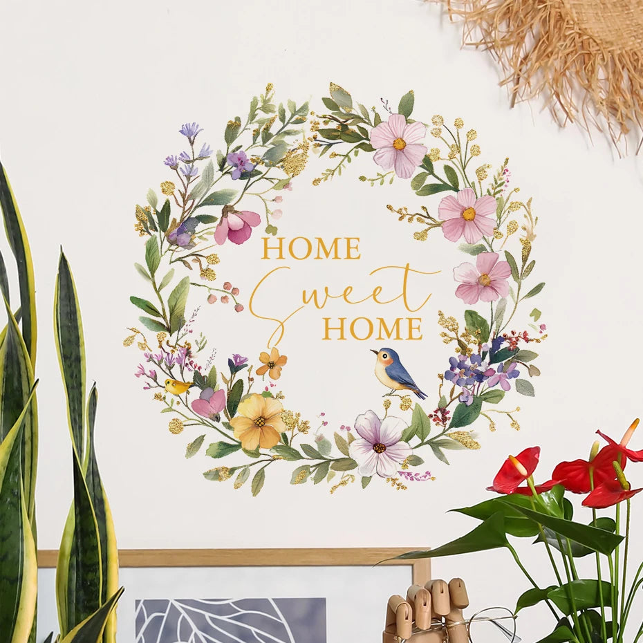 Soft Pastel Floral Bird Wreath Wall Decal “Home Sweet Home” Wall Mural for Entranceway, Living Room, Creative DIY Home Decor
