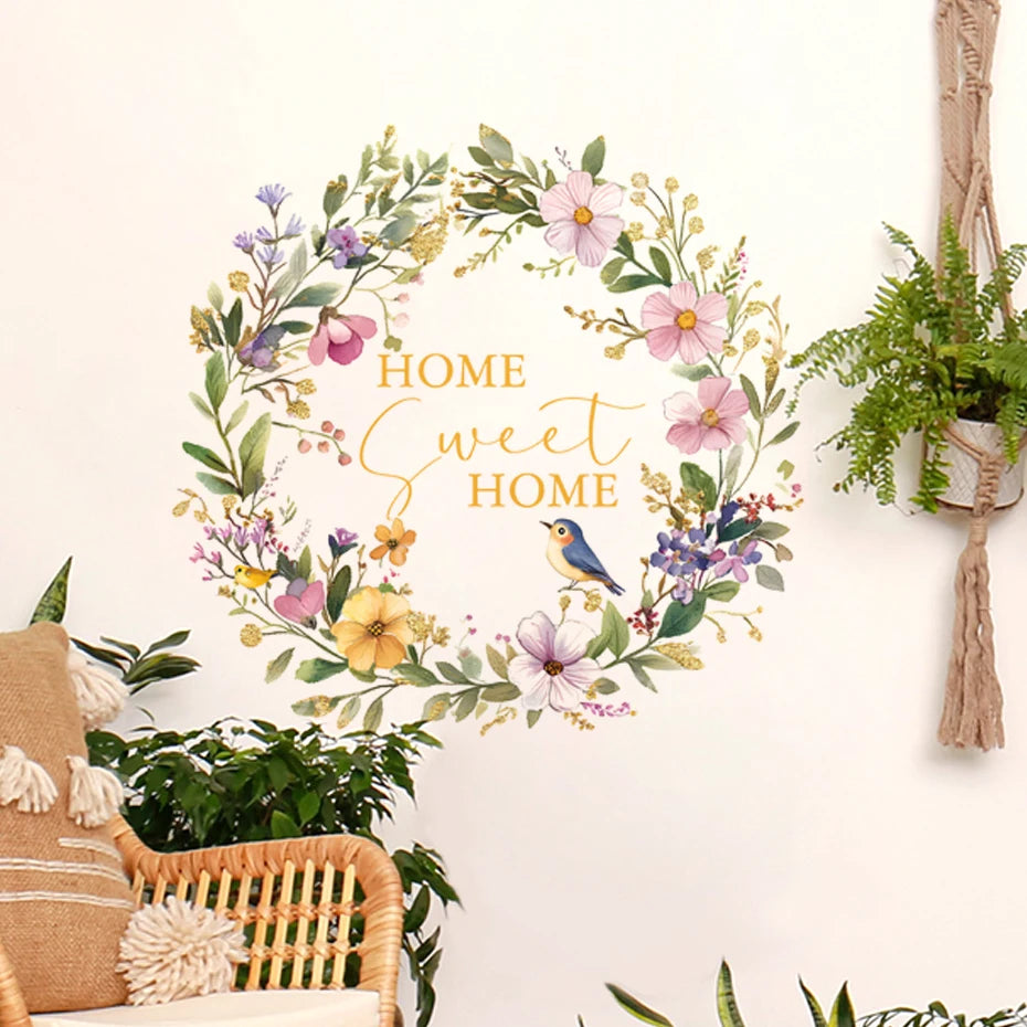 Soft Pastel Floral Bird Wreath Wall Decal “Home Sweet Home” Wall Mural for Entranceway, Living Room, Creative DIY Home Decor