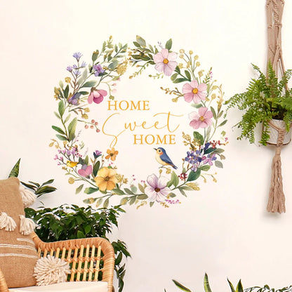 Soft Pastel Floral Bird Wreath Wall Decal “Home Sweet Home” Wall Mural for Entranceway, Living Room, Creative DIY Home Decor