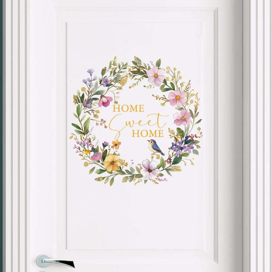 Decorative door with floral wreath and 'Home Sweet Home' text