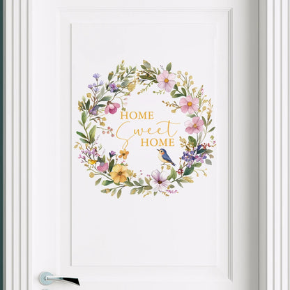 Decorative door with floral wreath and 'Home Sweet Home' text