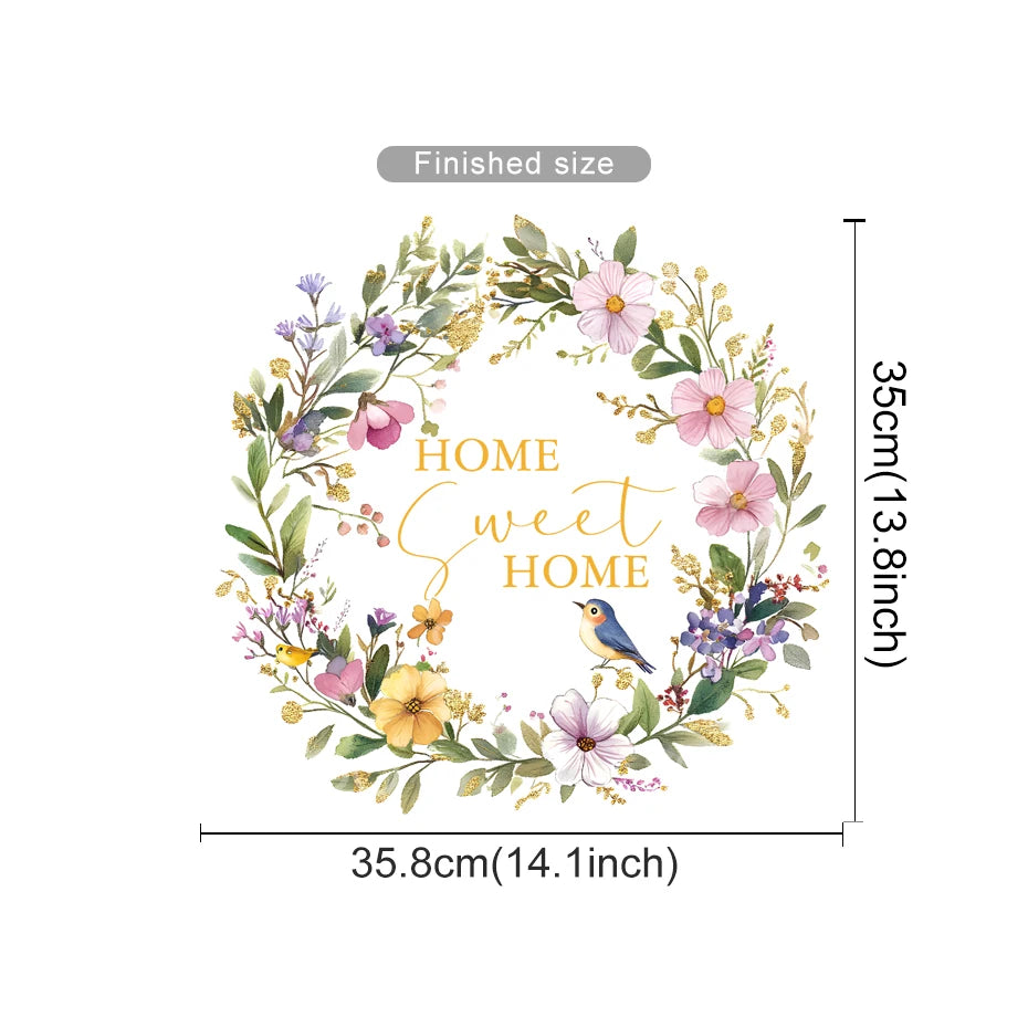 Floral wreath with 'Home Sweet Home' text and measurements on a white background