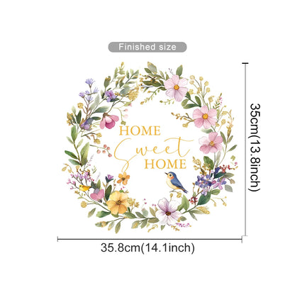 Floral wreath with 'Home Sweet Home' text and measurements on a white background