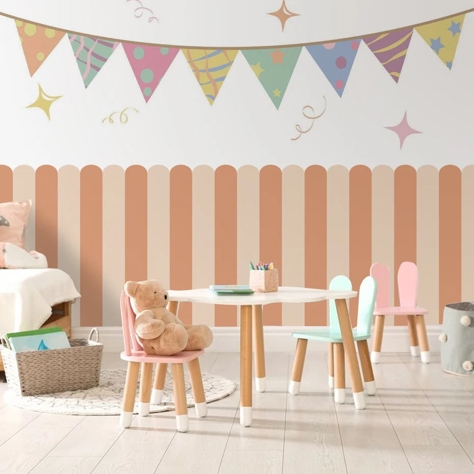Soft Pastel Tones Scalloped Wallpaper Mural Decals – Peel & Stick Nursery Wall Decor for Kids Room Baby Bedroom Kindergarten Creative DIY Home Decor