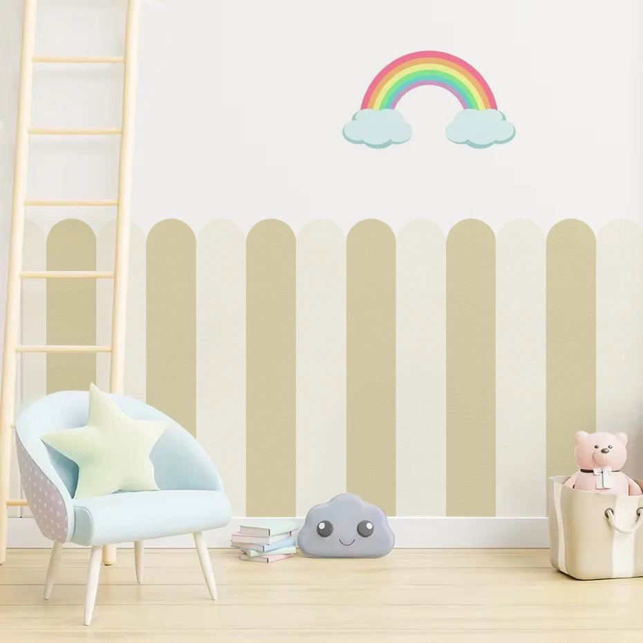 Children's room with striped wall, rainbow, and toys