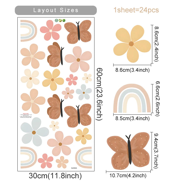 Wall decal set with flowers, butterflies, and rainbows, showing layout size and individual dimensions.