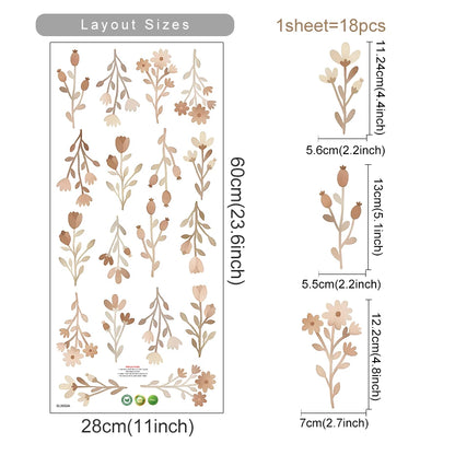 Floral wall decal sheet with layout sizes and dimensions on a white background