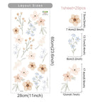 Floral wall sticker with layout sizes and dimensions on a white background