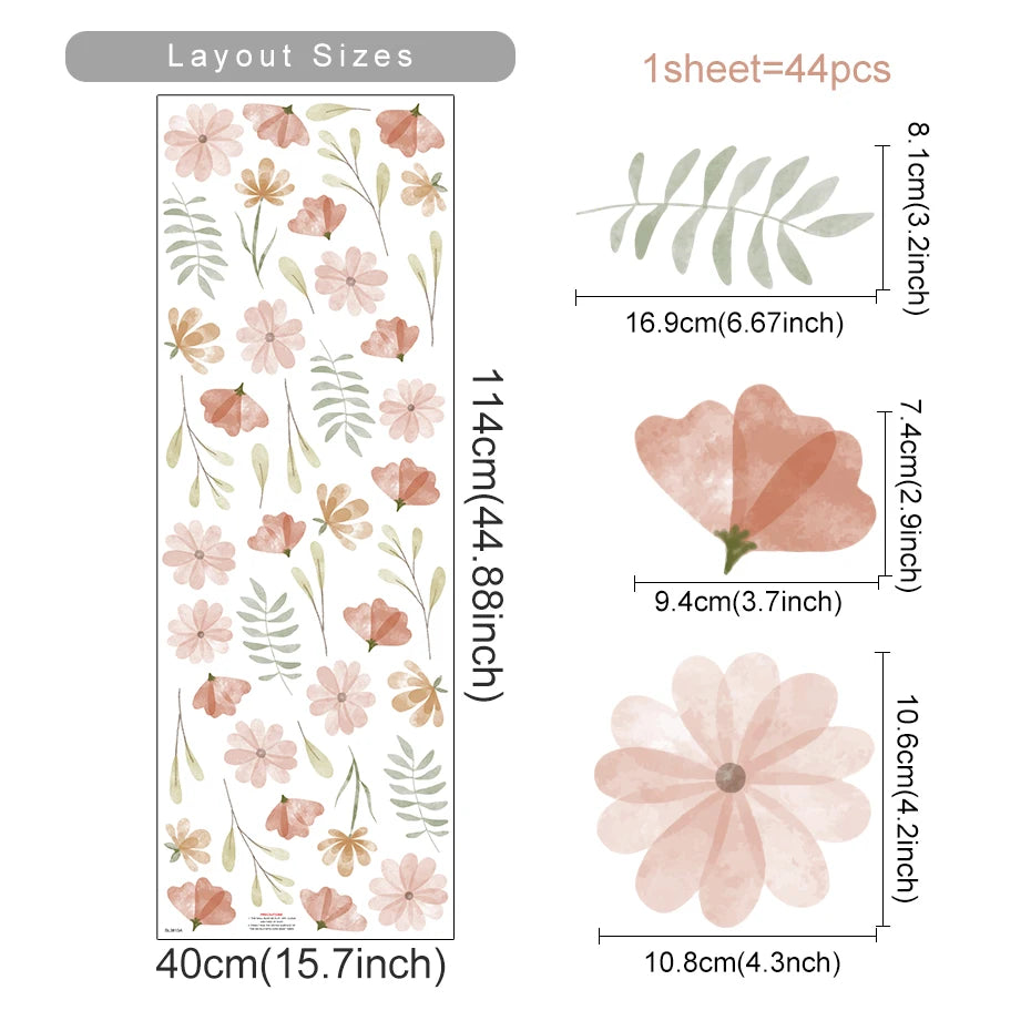 Floral decal sheet with measurements and layout sizes on a white background