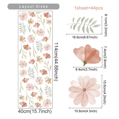 Floral decal sheet with measurements and layout sizes on a white background