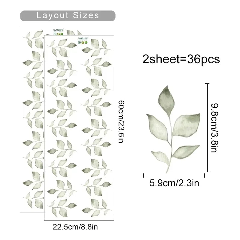 Leaf pattern wall stickers with dimensions and quantity information on a white background