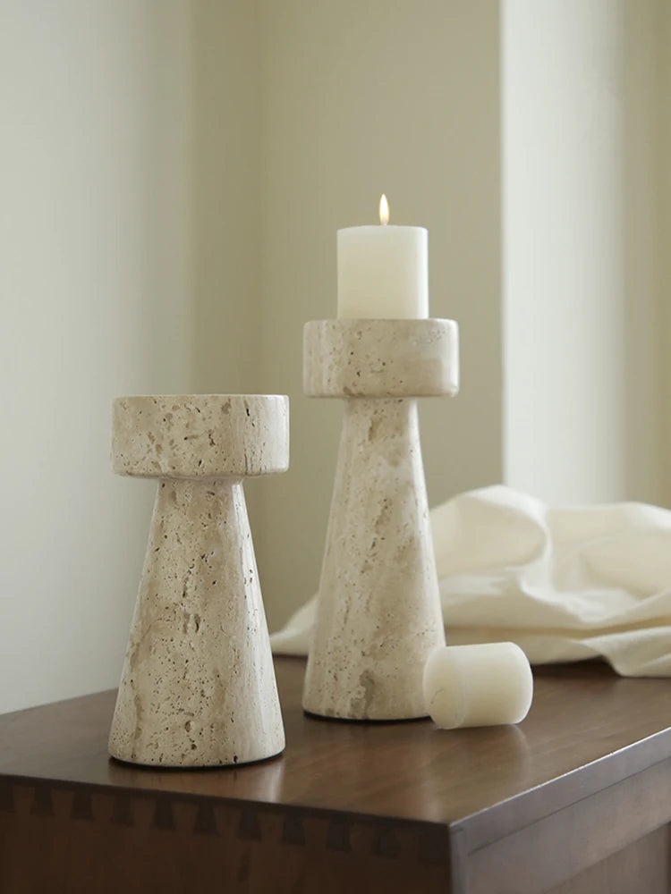 Solid Travertine Marble Candle Holder – Hand‑Carved Natural Stone Pillar Candle Stand for Modern Minimalist, Nordic, &amp; Wabi‑Sabi Décor