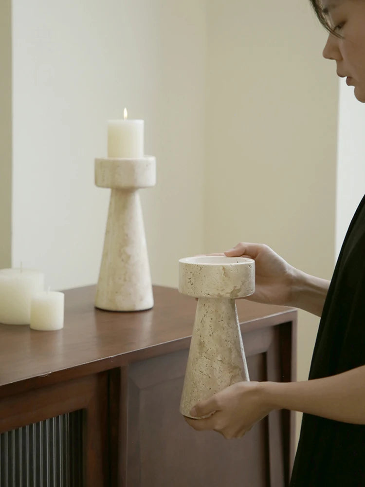 Solid Travertine Marble Candle Holder – Hand‑Carved Natural Stone Pillar Candle Stand for Modern Minimalist, Nordic, &amp; Wabi‑Sabi Décor