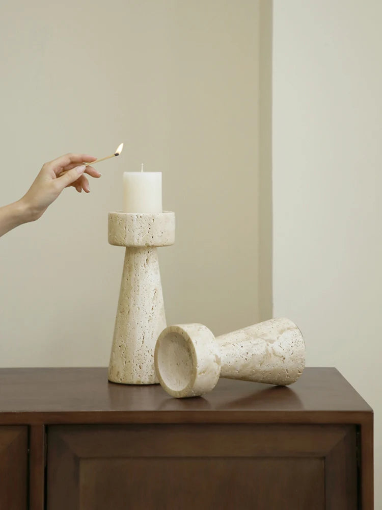 Solid Travertine Marble Candle Holder – Hand‑Carved Natural Stone Pillar Candle Stand for Modern Minimalist, Nordic, &amp; Wabi‑Sabi Décor