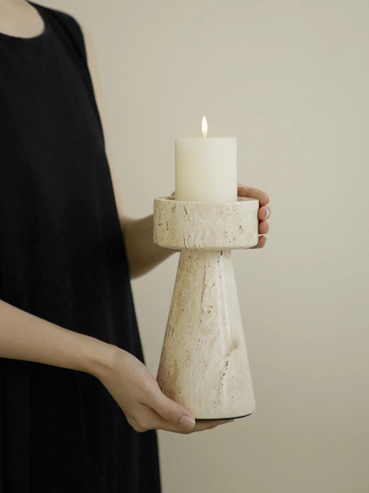 Solid Travertine Marble Candle Holder – Hand‑Carved Natural Stone Pillar Candle Stand for Modern Minimalist, Nordic, &amp; Wabi‑Sabi Décor