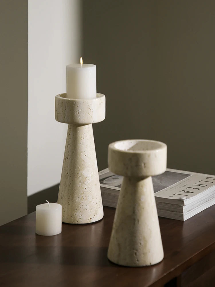 Solid Travertine Marble Candle Holder – Hand‑Carved Natural Stone Pillar Candle Stand for Modern Minimalist, Nordic, &amp; Wabi‑Sabi Décor