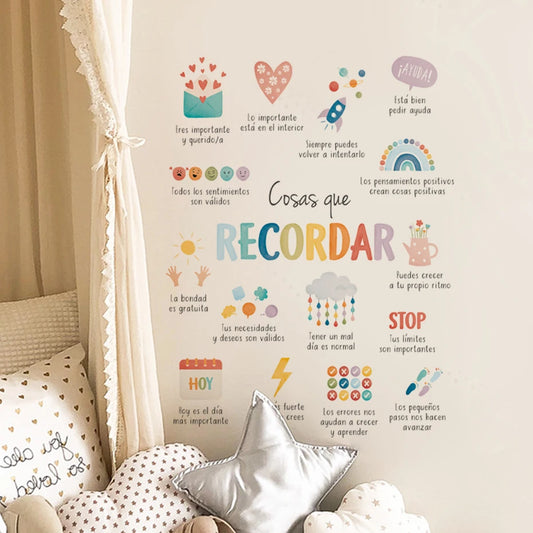 Decorative wall with colorful text and symbols in a room with pillows and curtains.